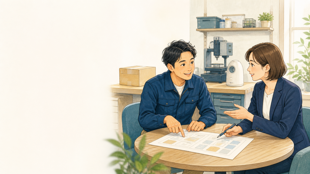 事業者と専門家が設備投資を伴う新規事業について相談するイラスト