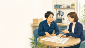 事業者と専門家が設備投資を伴う新規事業について相談するイラスト