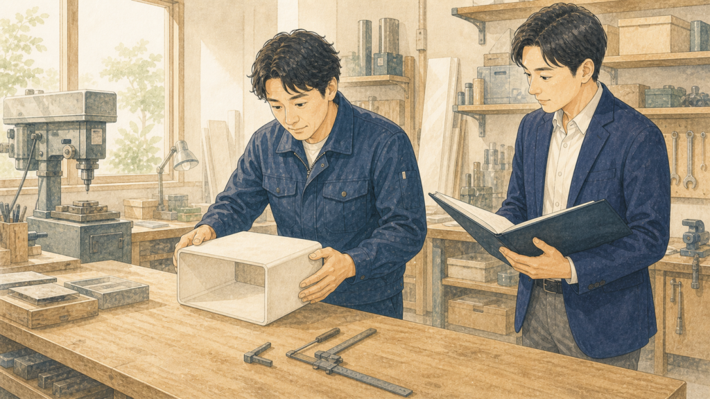 | 代替テキスト（alt） | 作業台で新たな製品の試作品を確認する事業者と、計画を見守る専門家 |