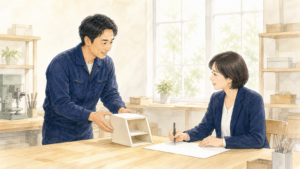 工房で製品見本を示す事業者と事業計画を確認する専門家