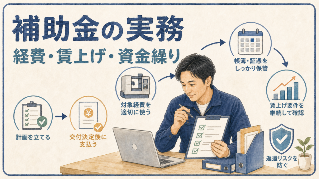 補助金の実務として、経費・賃上げ・資金繰りの確認手順を示す図解