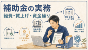 補助金の実務として、経費・賃上げ・資金繰りの確認手順を示す図解